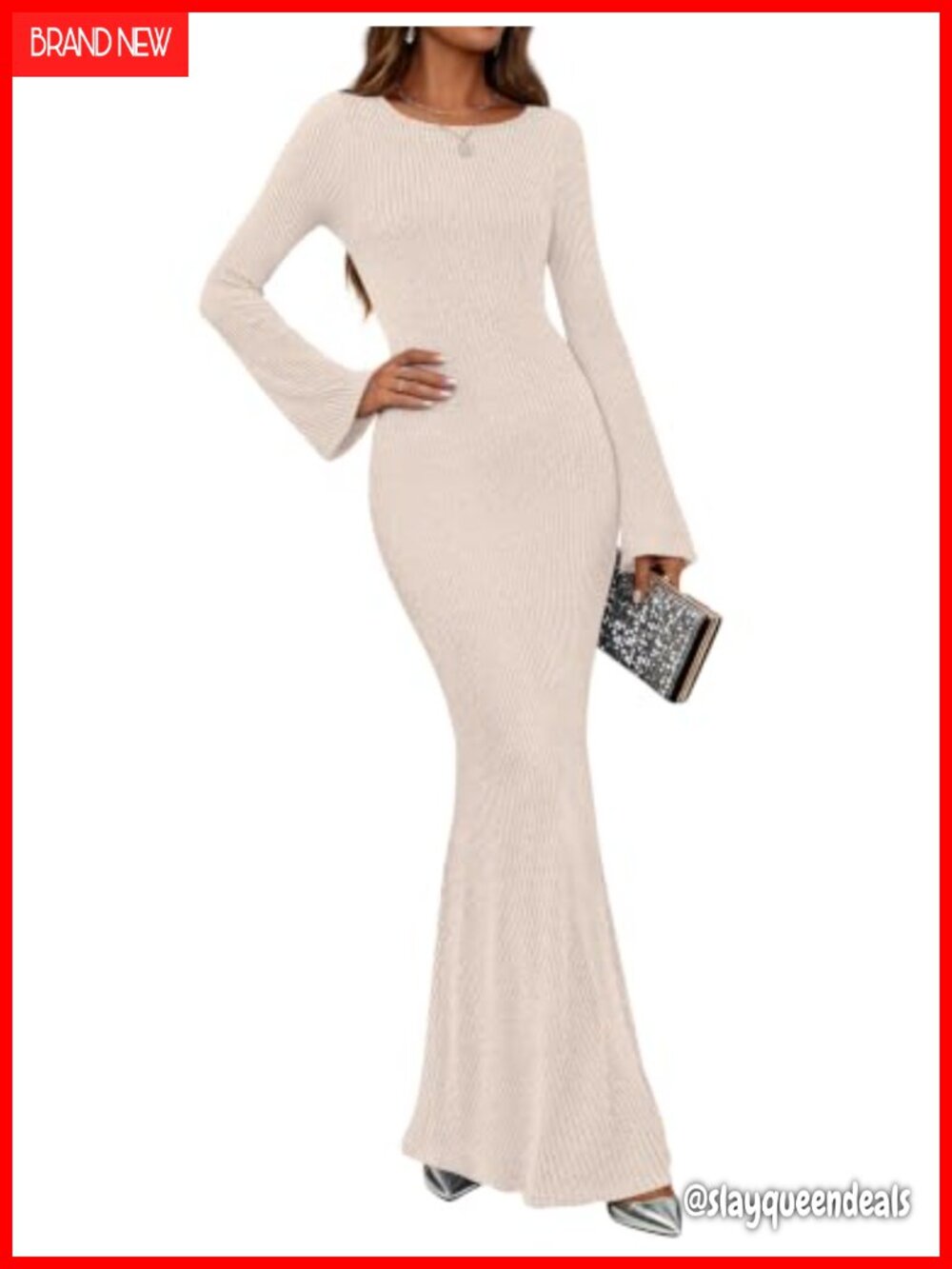 Womens Ribbed Knit Bell Sleeve Bodycon Maxi Sweater Dress Boat Neck Pull On